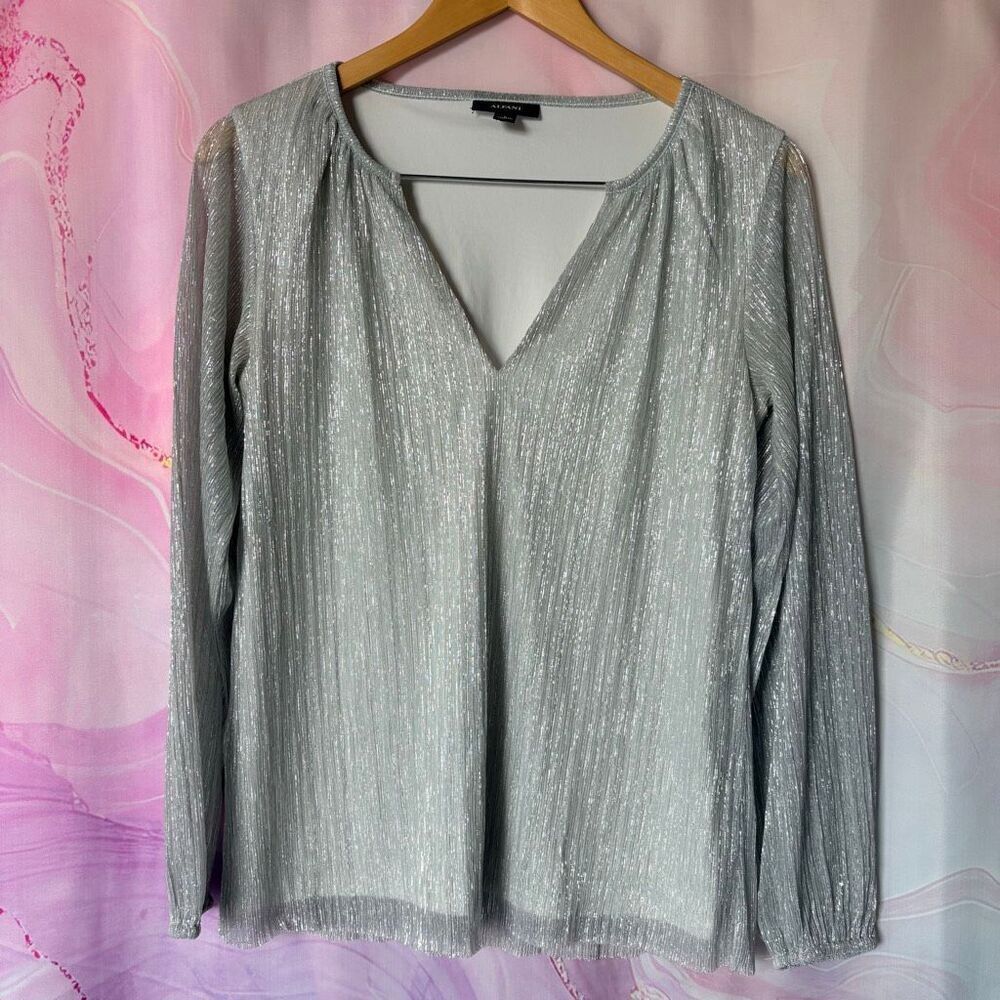 Alfani S Silver Sheer Long Sleeve Blouse Glam Romantic Classy Artsy Professional